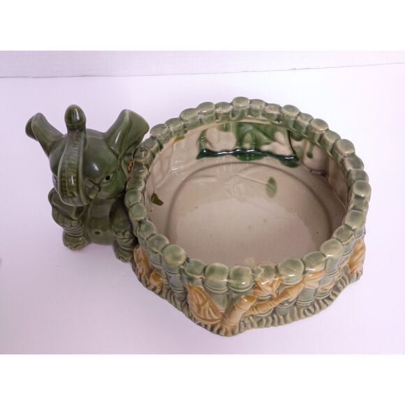Majolica Pottery Lucky Happy Trunk Up Elephant with Bamboo Vintage Planter - Picture 7 of 11